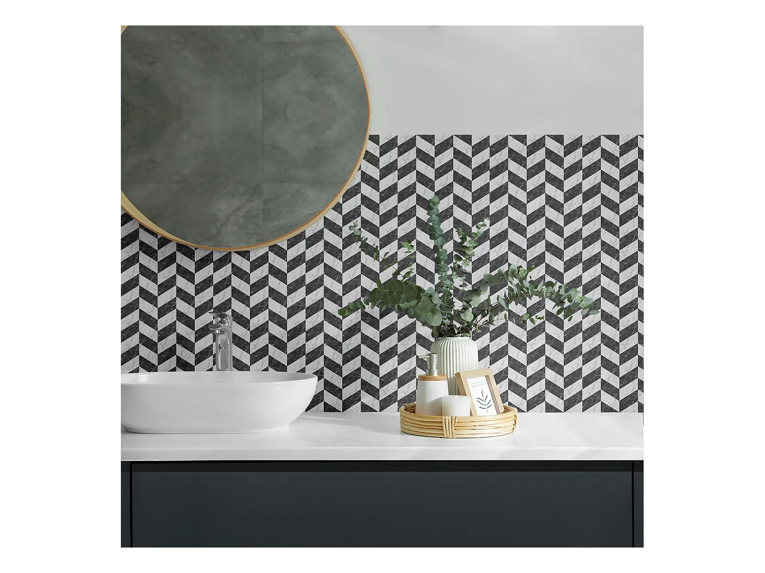 Carreaux autocollants PVC, Carrelage PVC adhésif - 20x20x20 - Motif à chevrons en marbre