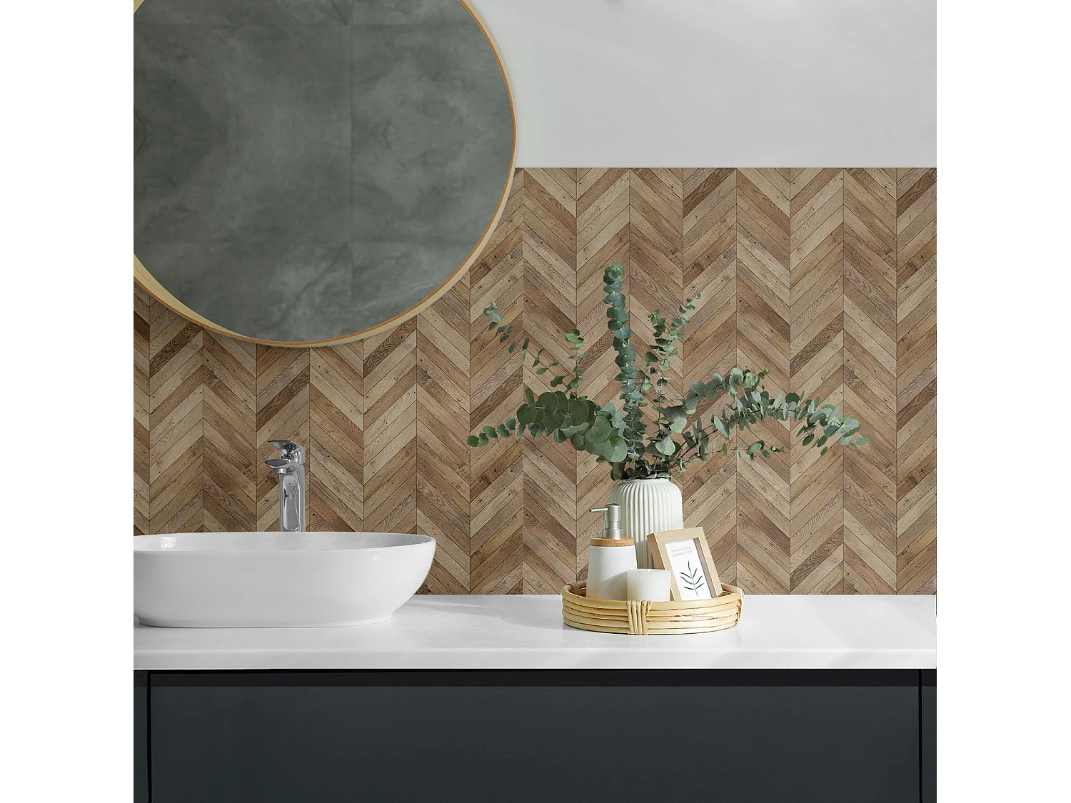 Carreaux autocollants PVC, Carrelage PVC adhésif - 9x30x30 - Motif à chevrons en bois