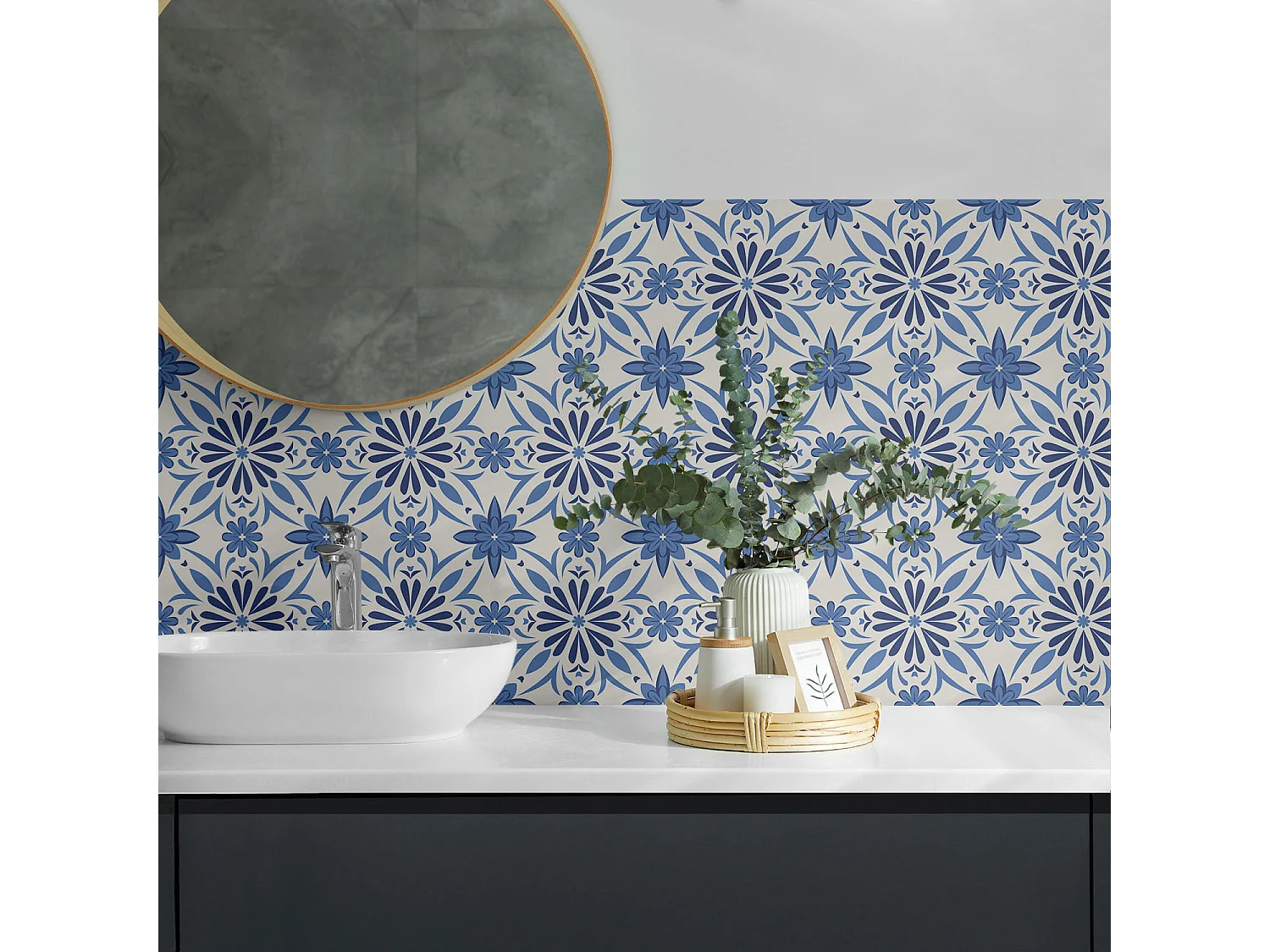 Carreaux autocollants PVC, Carrelage PVC adhésif - 20x20x20 - Motif floral sur le fond