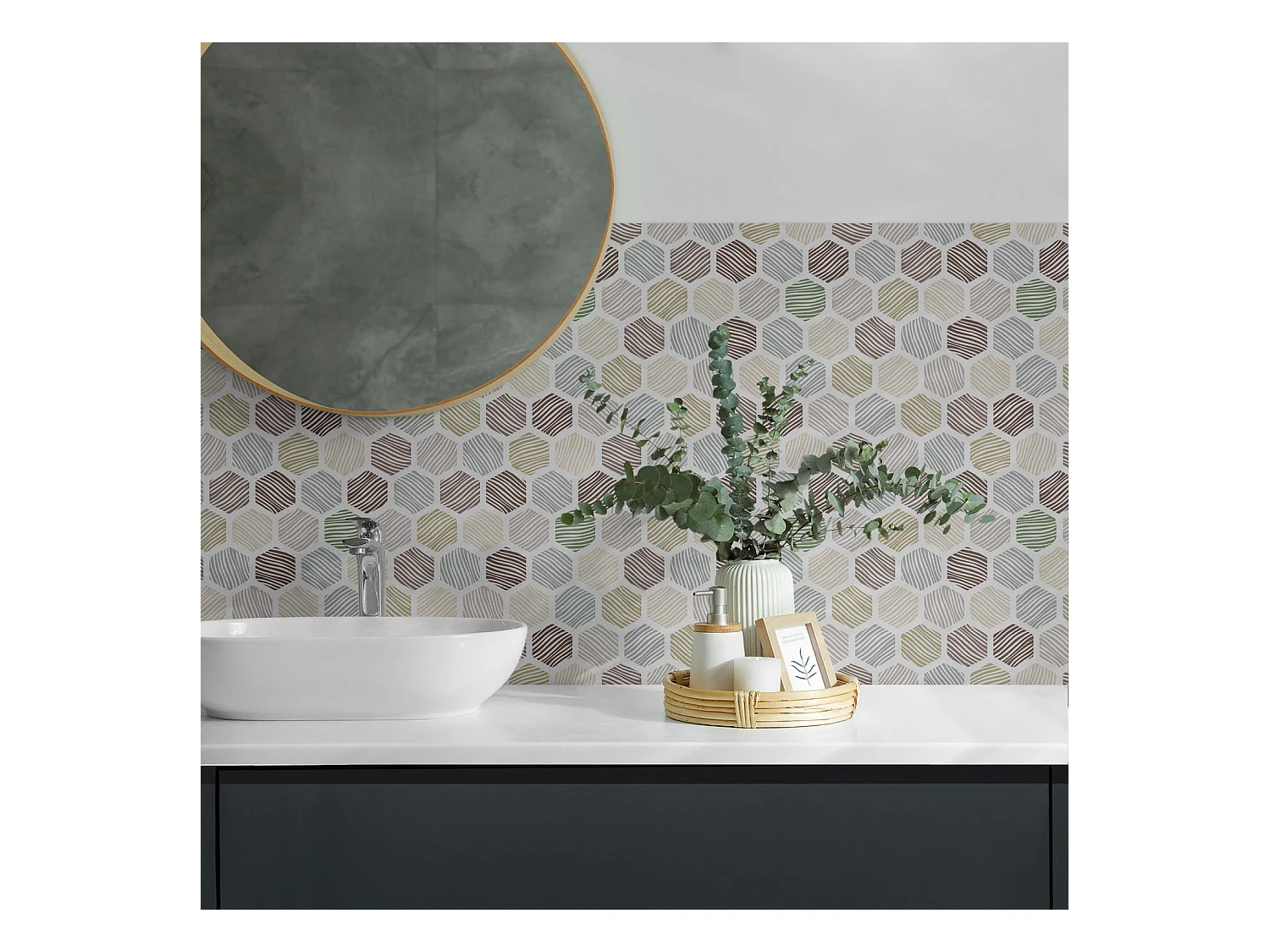 Carreaux autocollants PVC, Carrelage PVC adhésif - 9x30x30 - Modèle hexagonal avec des lignes