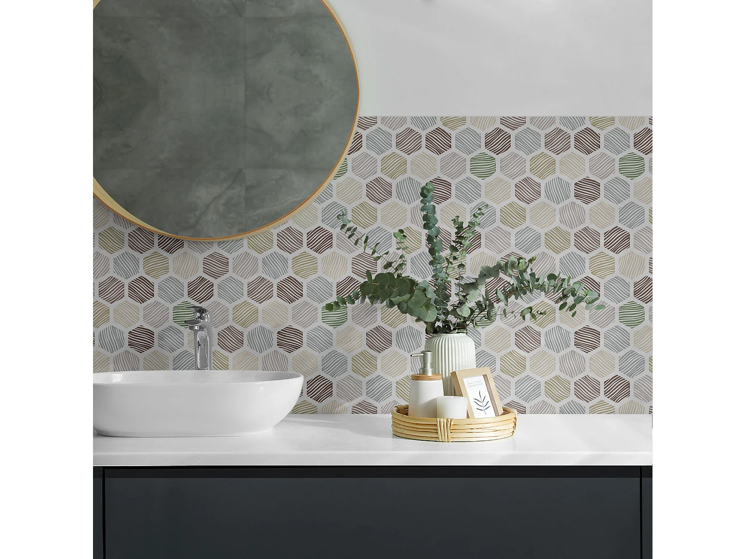 Carreaux autocollants PVC, Carrelage PVC adhésif - 9x30x30 - Modèle hexagonal avec des lignes