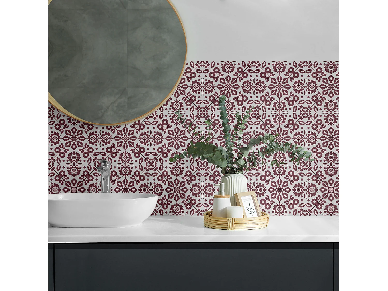 Carreaux autocollants PVC, Carrelage PVC adhésif - 20x20x20 - Motif floral avec des feuilles