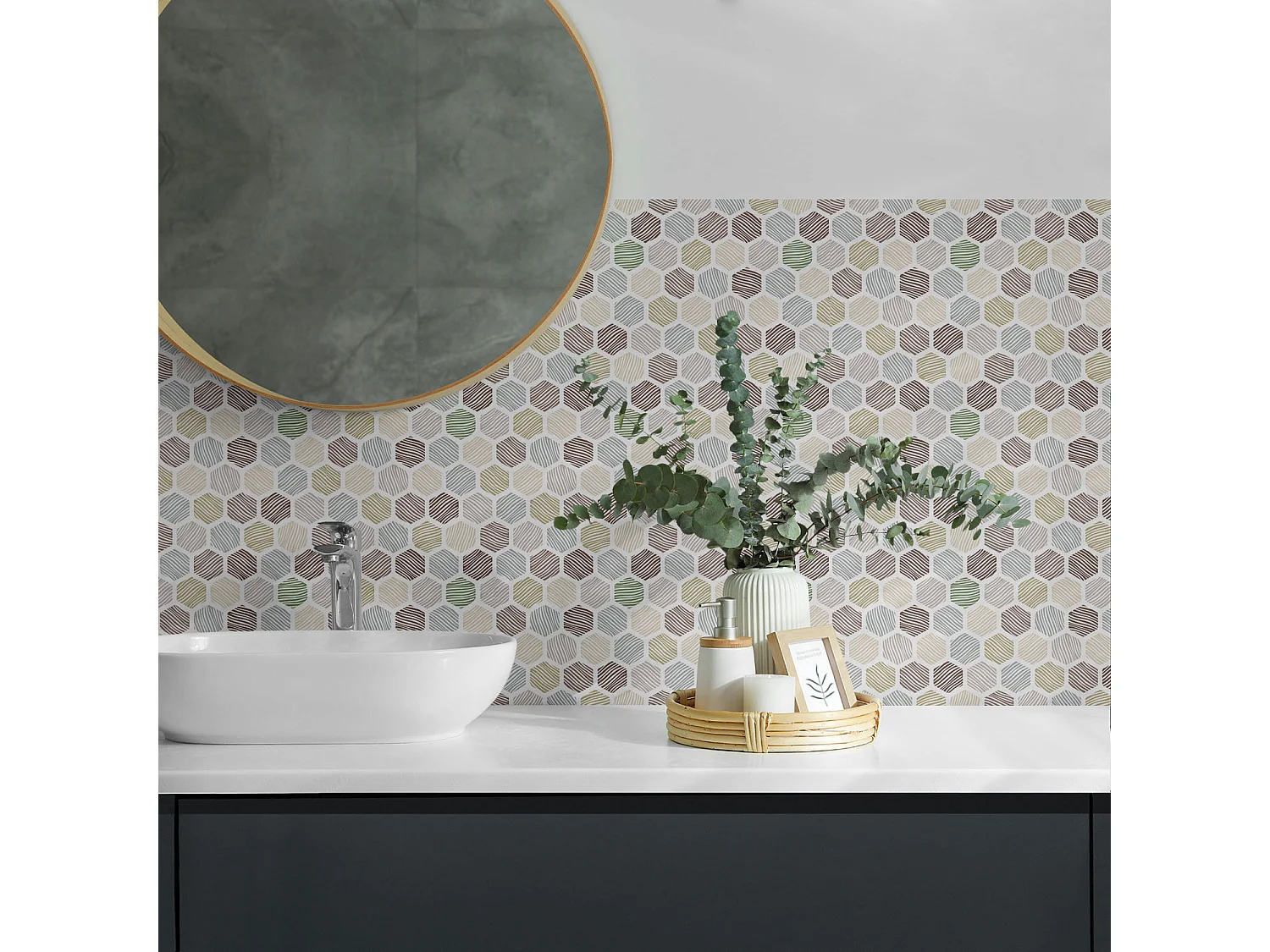 Carreaux autocollants PVC, Carrelage PVC adhésif - 20x20x20 - Modèle hexagonal avec des lignes