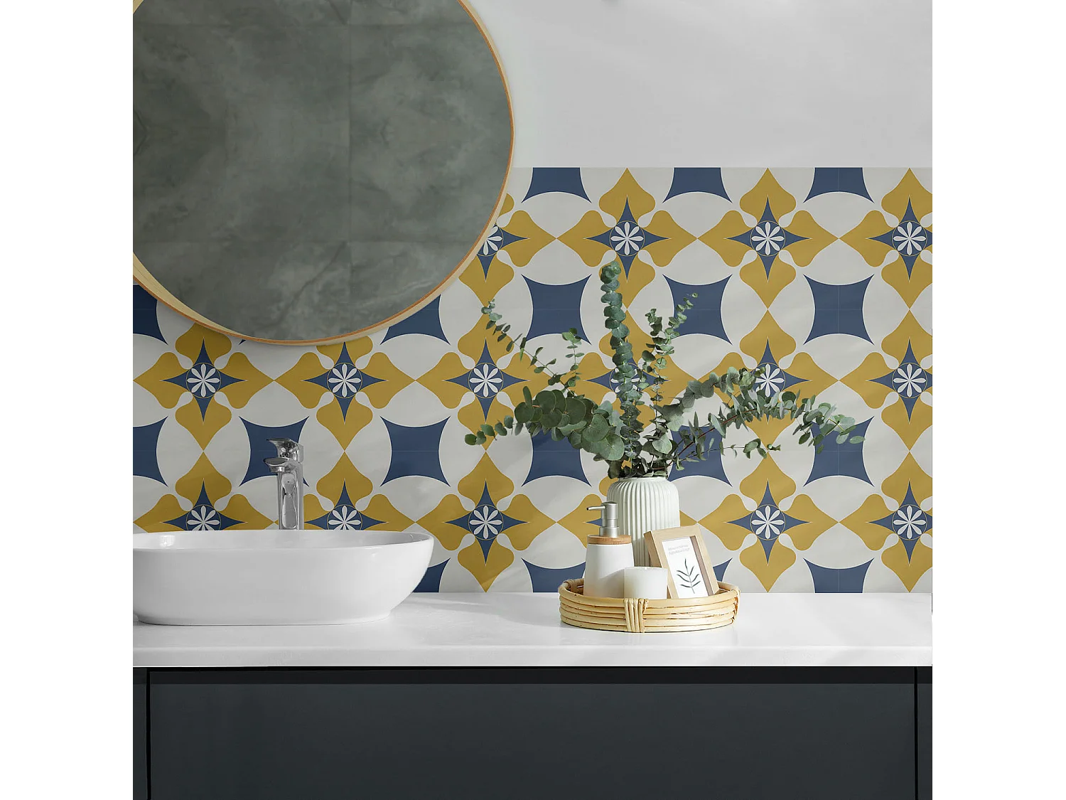 Carreaux autocollants PVC, Carrelage PVC adhésif - 20x20x20 - Motif floral avec symétrie