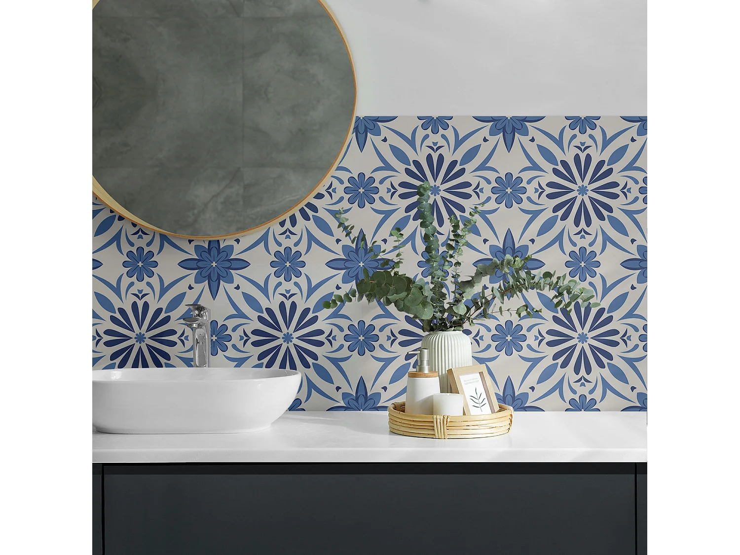 Carreaux autocollants PVC, Carrelage PVC adhésif - 9x30x30 - Motif floral sur le fond