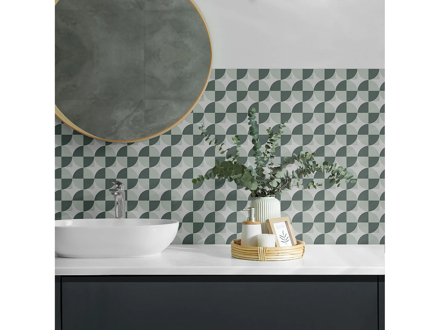 Carreaux autocollants PVC, Carrelage PVC adhésif - 9x30x30 - Géométrie des cercles et des carrés