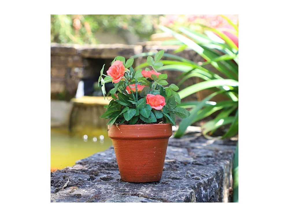 Rosier plante fleur artificielle extérieur cimetière tissu corail 23cm