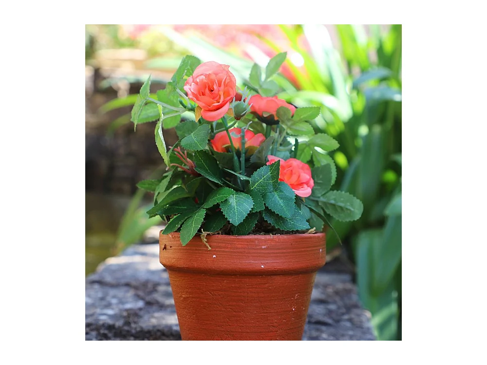 Rosier plante fleur artificielle extérieur cimetière tissu corail 23cm