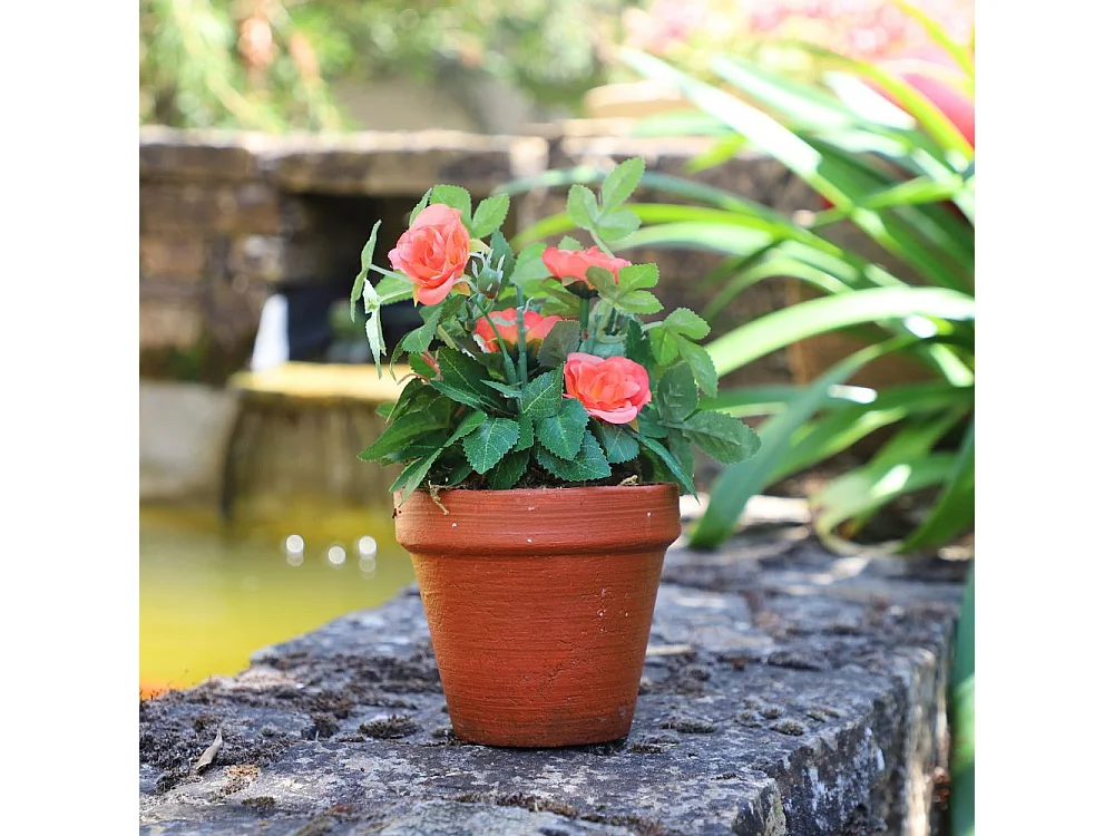 Rosier plante fleur artificielle extérieur cimetière tissu corail 23cm