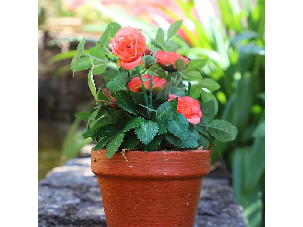 Rosier plante fleur artificielle extérieur cimetière tissu corail 23cm