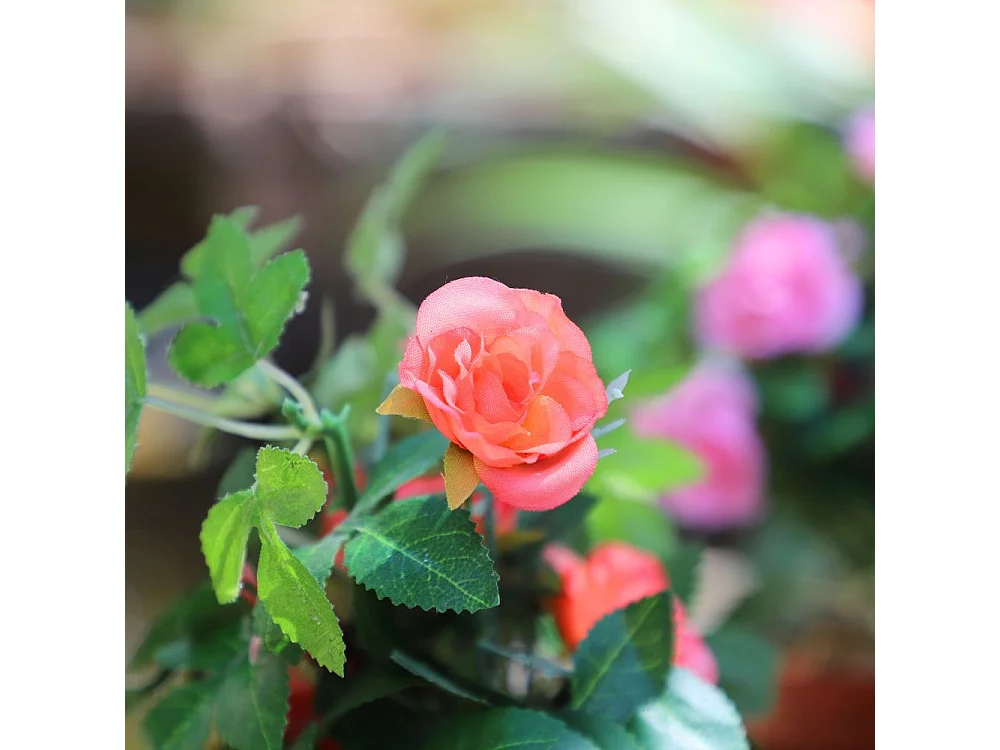 Rosier plante fleur artificielle extérieur cimetière tissu corail 23cm