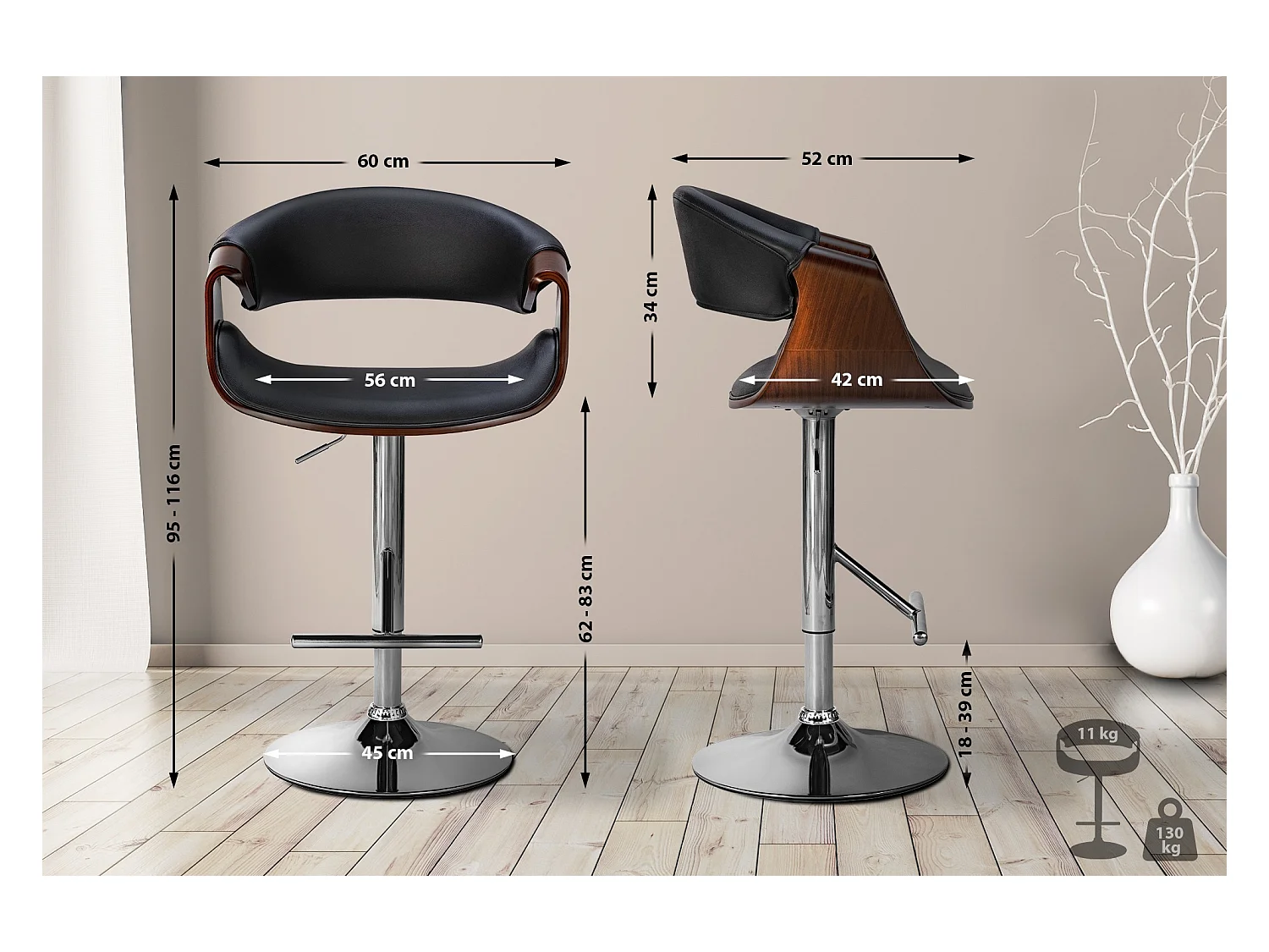 Lot de 2  Tabouret de bar - Similicuir - Noyer / Noir - Foley