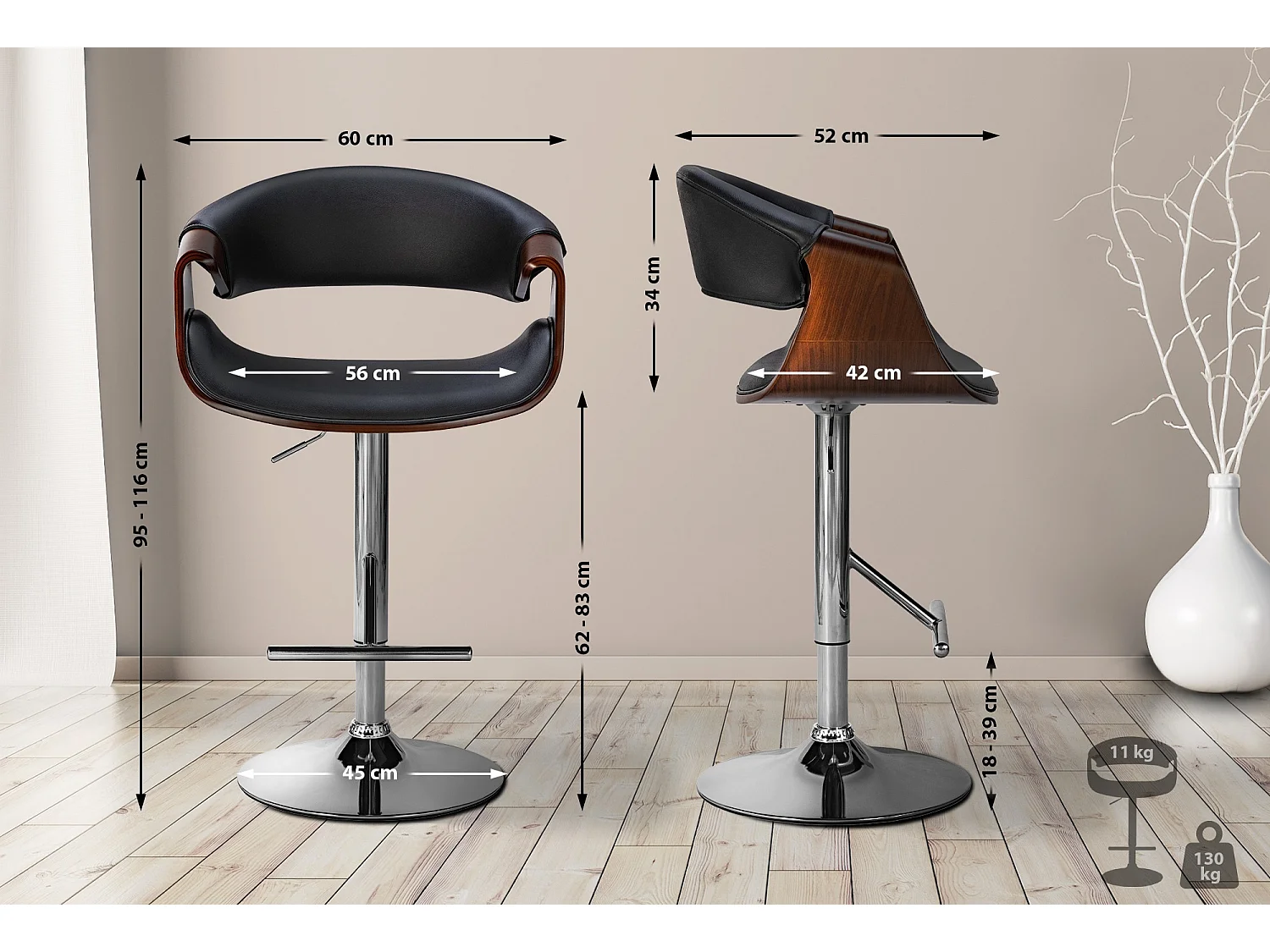 Lot de 2  Tabouret de bar - Similicuir - Noyer / Noir - Foley