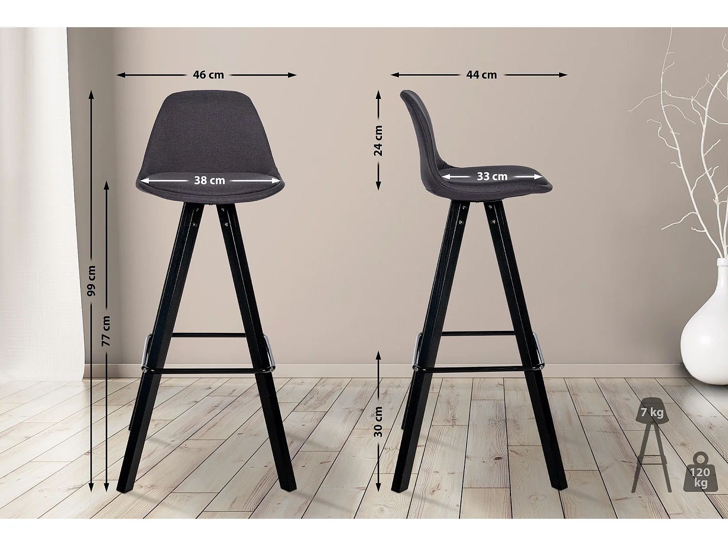 Tabouret de bar - Tissu & Noir - Gris foncé - Corbin