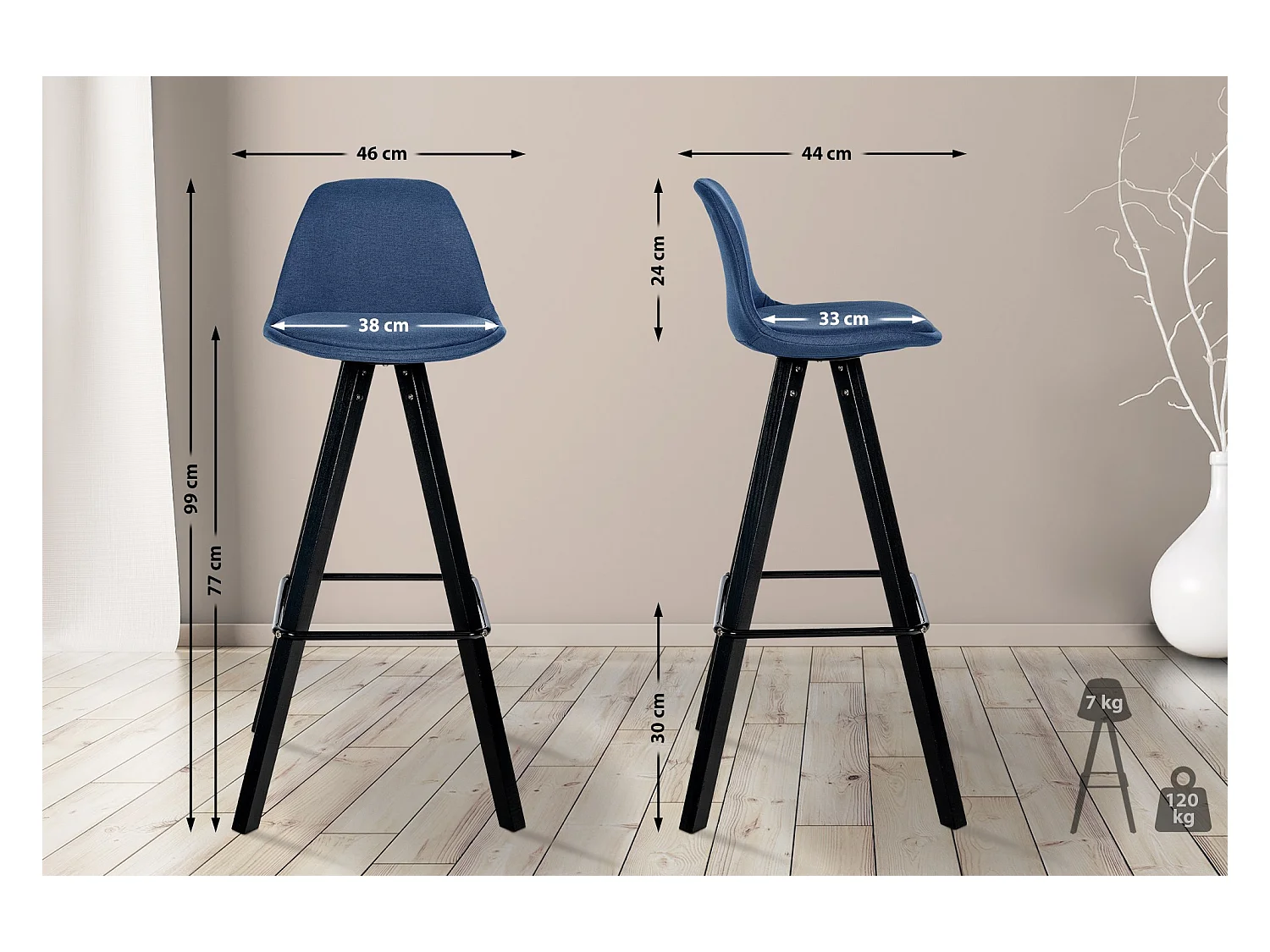 Tabouret de bar - Tissu & Noir - Bleu - Corbin