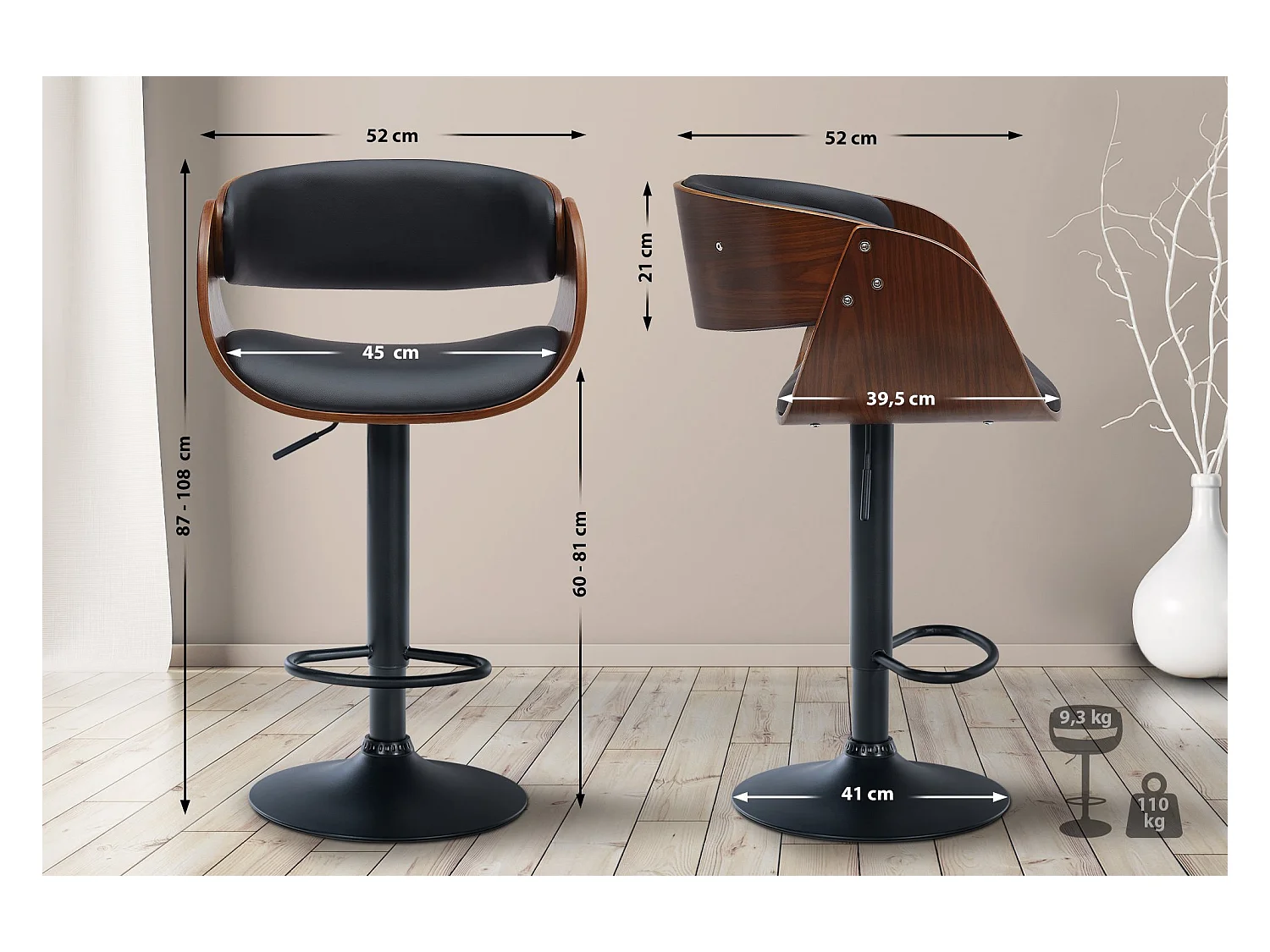 Lot de 2  Tabouret de bar - Similicuir - Noyer / Noir - Portmore