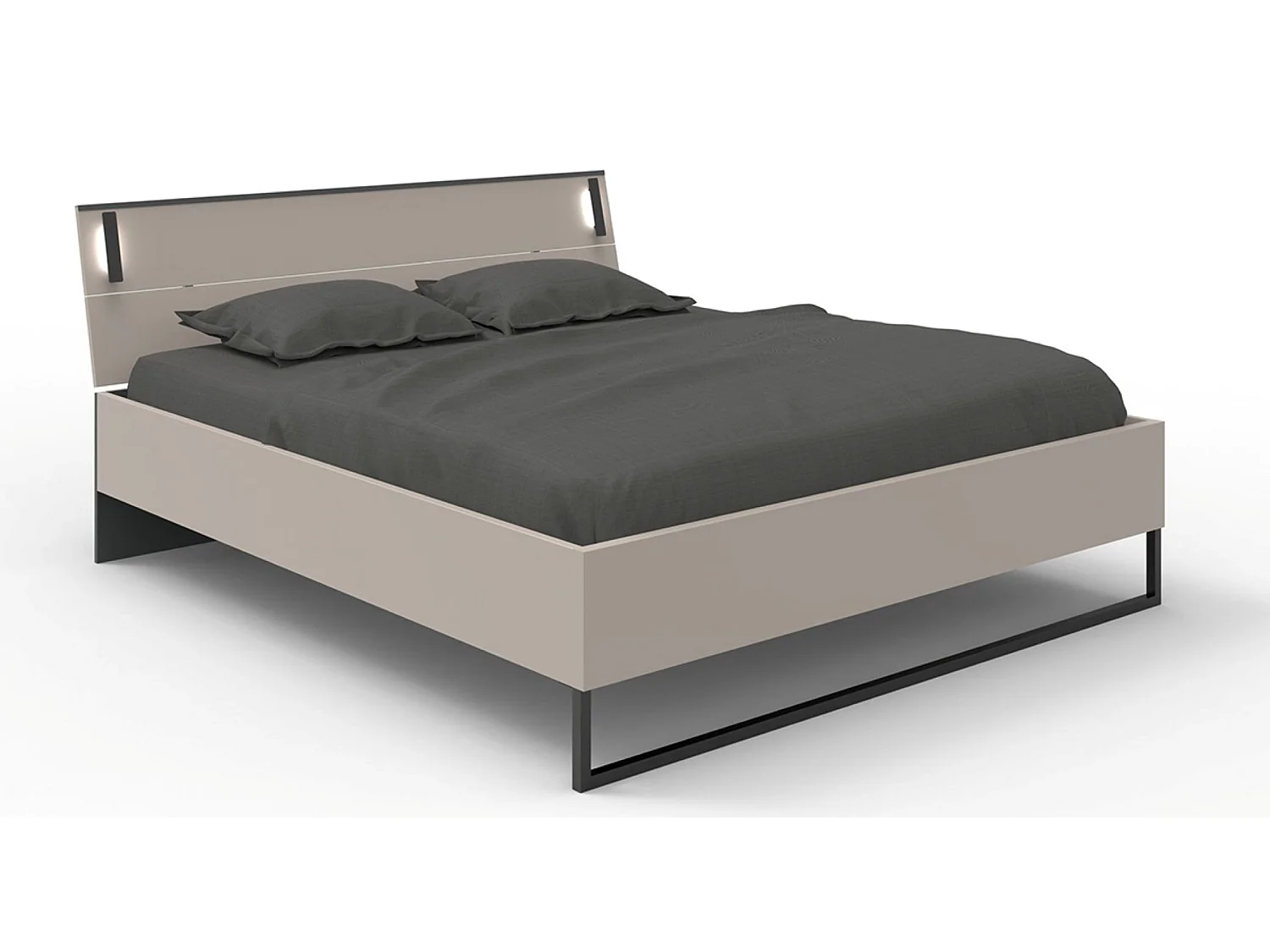 Lit adulte coloris Gris et verre coloris noir, rechampis graphite - longueur 188 x profondeur 210 x hauteur 93 cm