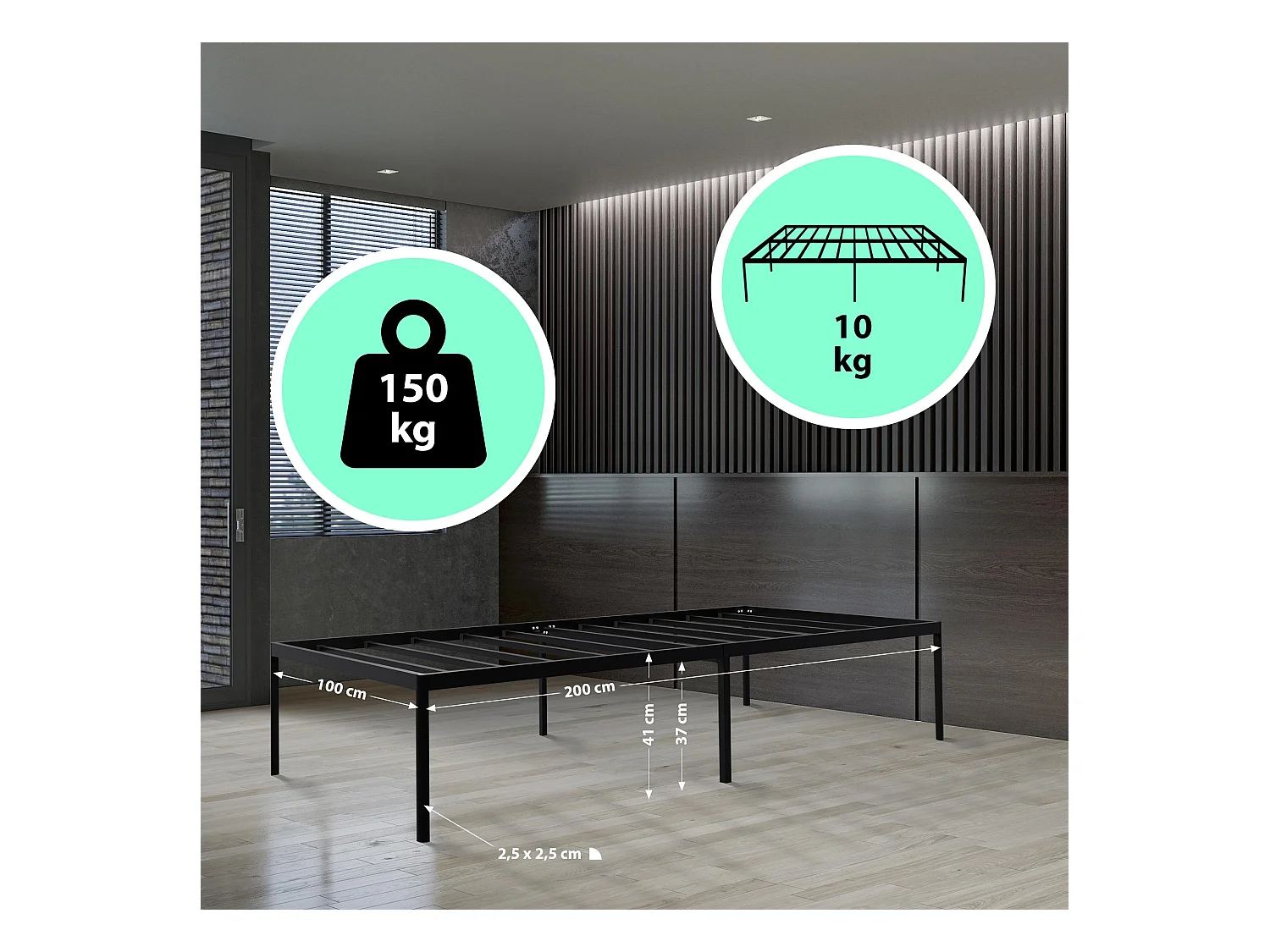 Lit en métal - Métal - 200x100x41 cm - Noir - Hamlin