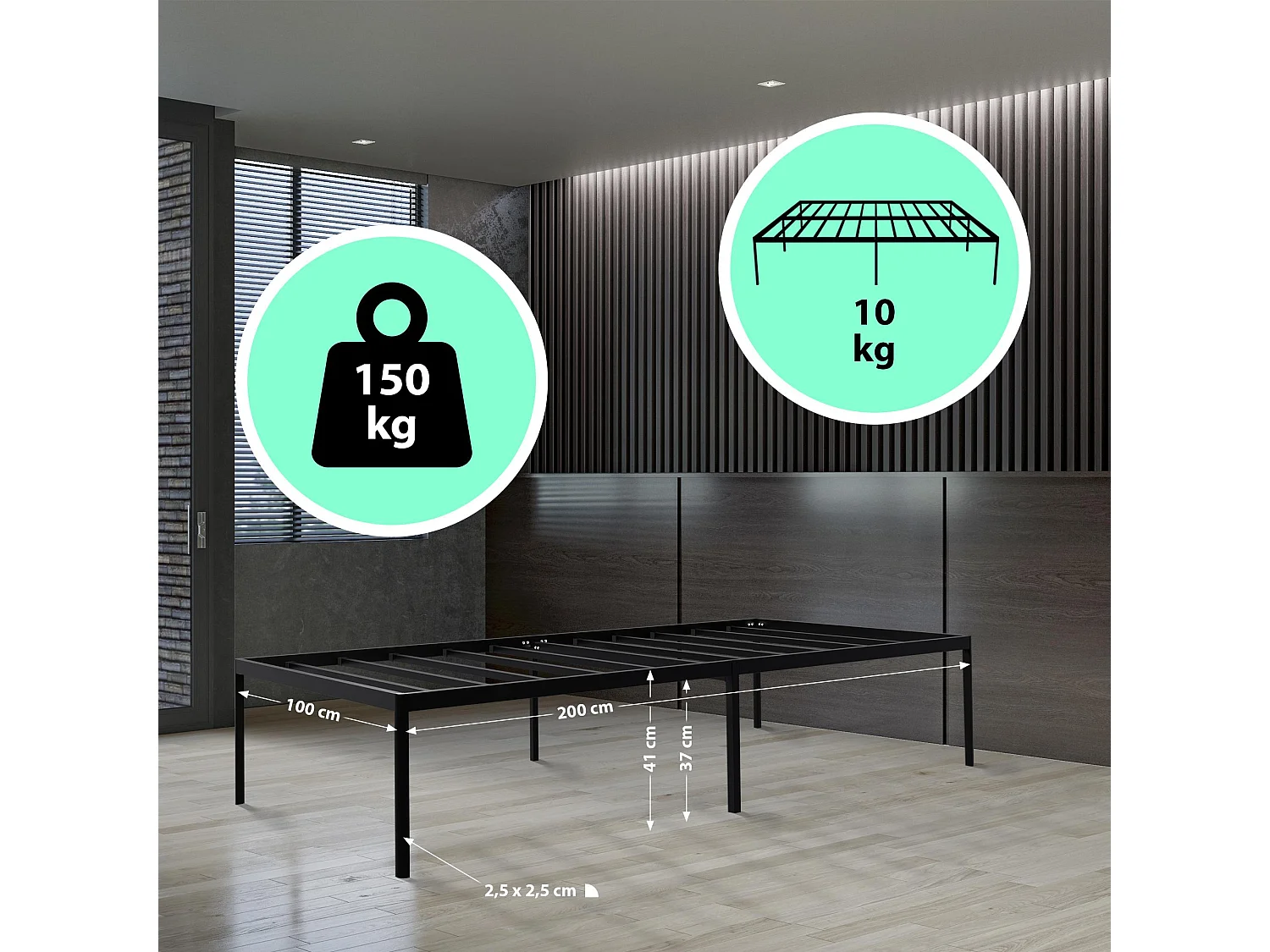 Lit en métal - Métal - 200x100x41 cm - Noir - Hamlin