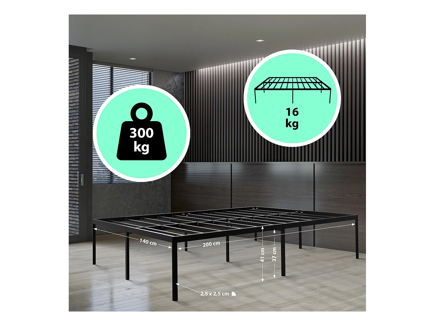 Lit en métal - Métal - 200x140x41 cm - Noir - Hamlin