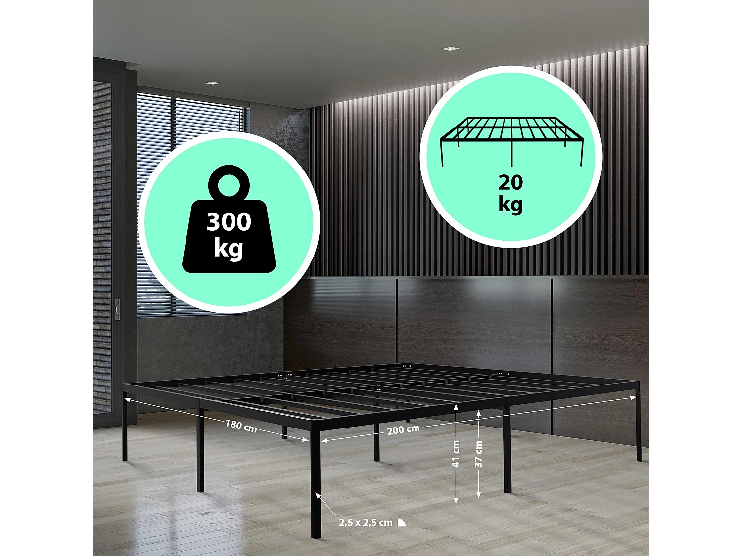 Lit en métal - Métal - 200x180x41 cm - Noir - Hamlin