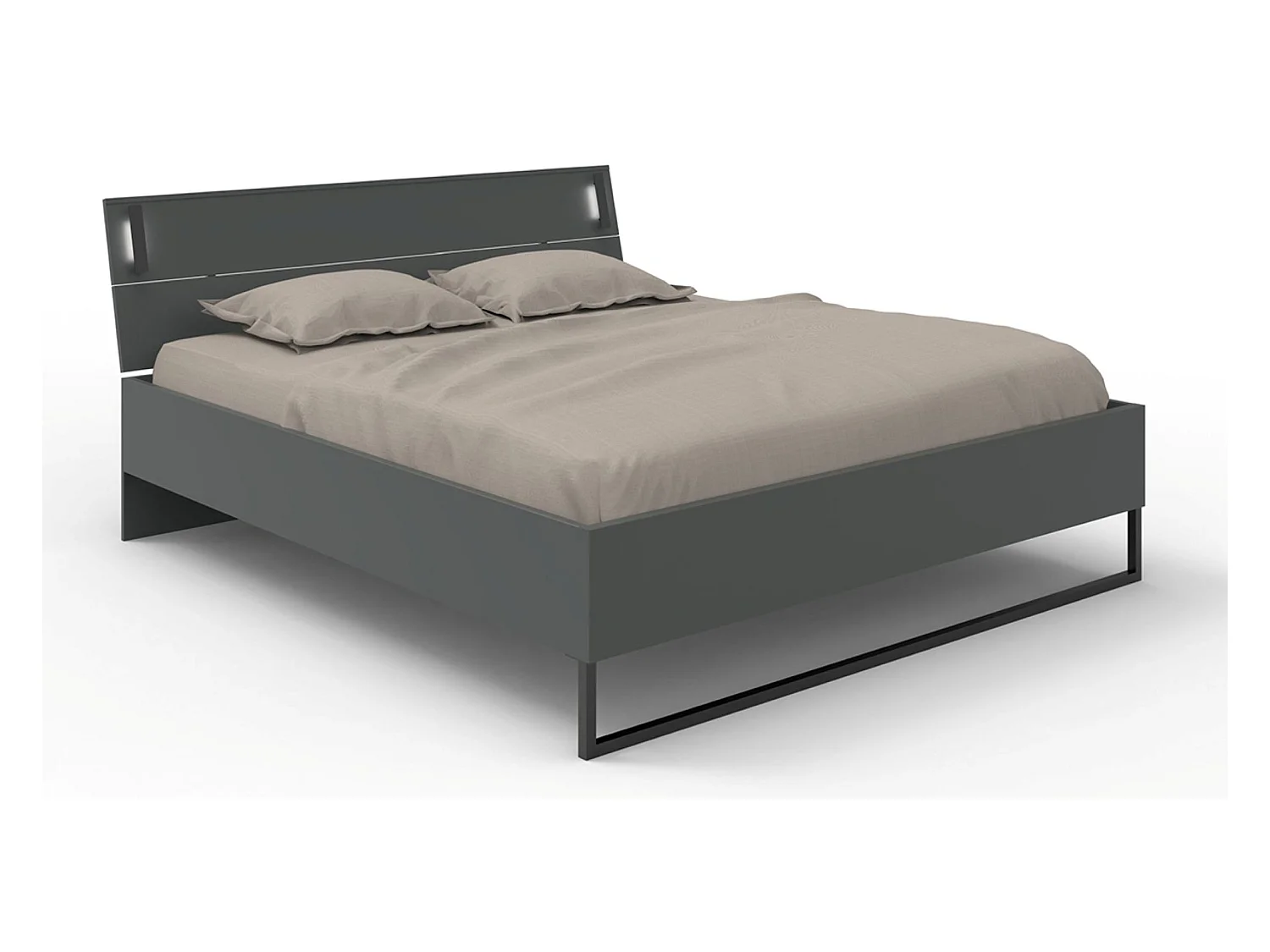 Lit adulte coloris graphite et verre noir, rechampis graphite - longueur 188 x profondeur 210 x hauteur 93 cm