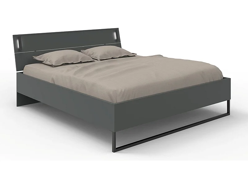 Lit adulte coloris graphite et verre noir, rechampis graphite - longueur 188 x profondeur 210 x hauteur 93 cm