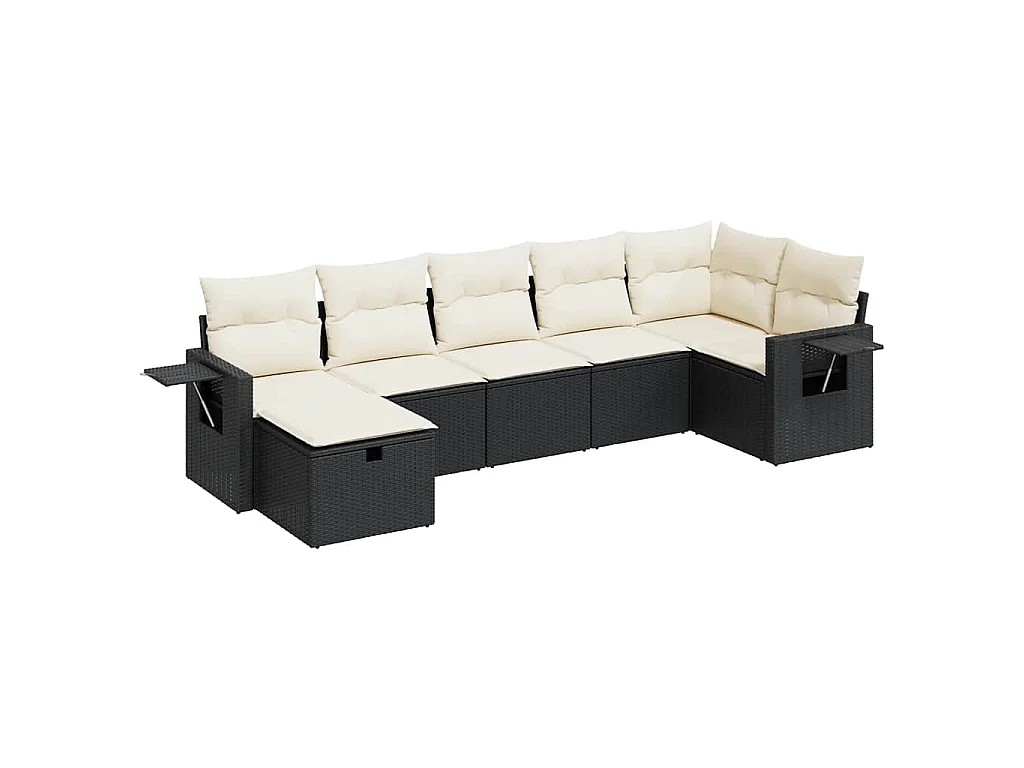 7-delige Loungeset met kussens poly rattan zwart