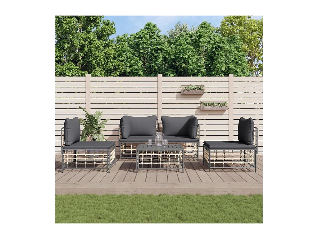 5-delige Loungeset met kussens poly rattan antracietkleurig