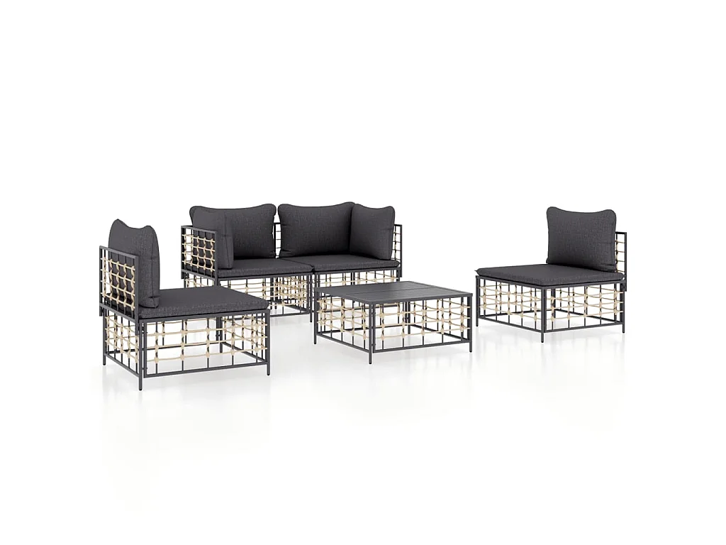 5-delige Loungeset met kussens poly rattan antracietkleurig