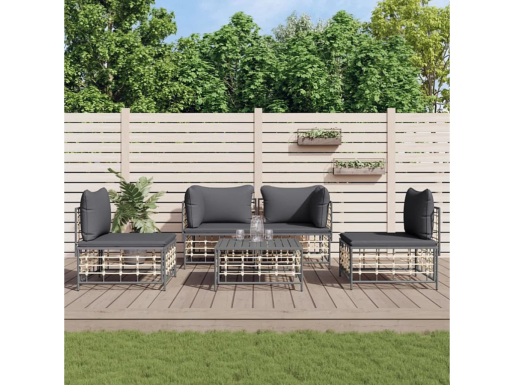 5-delige Loungeset met kussens poly rattan antracietkleurig