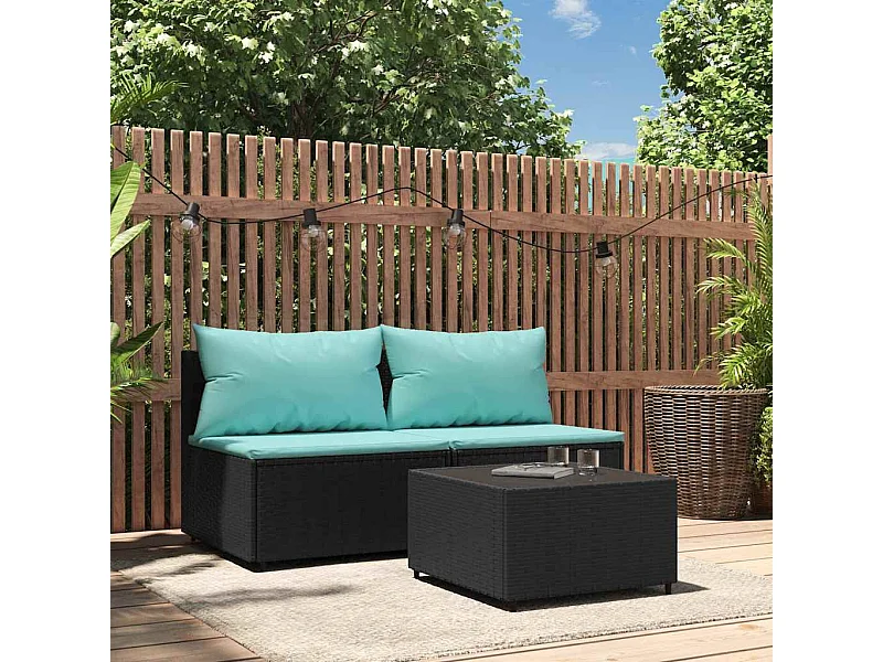3-tlg. Garten-Lounge-Set mit Kissen Schwarz Poly Rattan