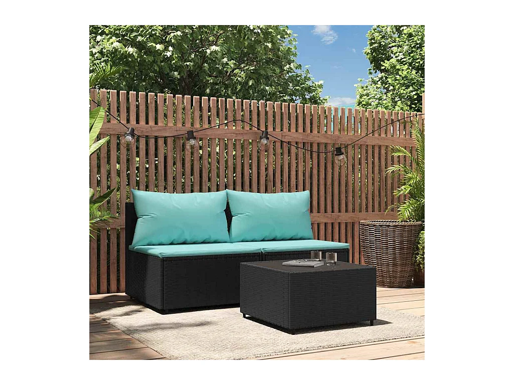 Salon de jardin 3 pcs avec coussins Noir Résine tressée
