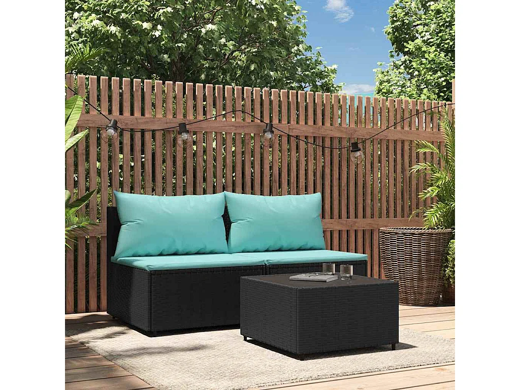 Salon de jardin 3 pcs avec coussins Noir Résine tressée