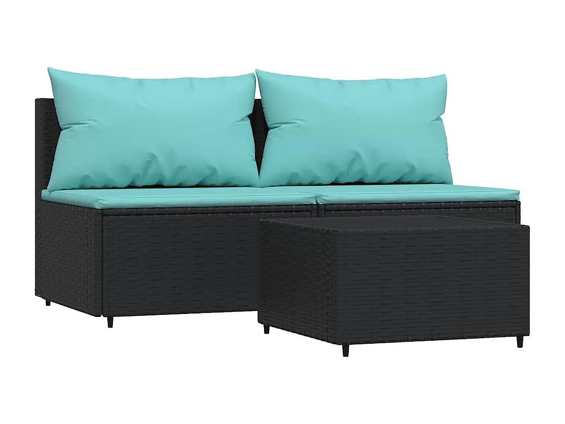 Salon de jardin 3 pcs avec coussins Noir Résine tressée