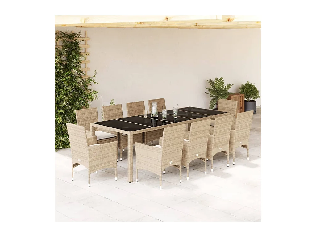 Ensemble à manger de jardin et coussins 11pcs beige rotin verre