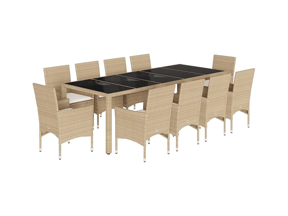 Ensemble à manger de jardin et coussins 11pcs beige rotin verre