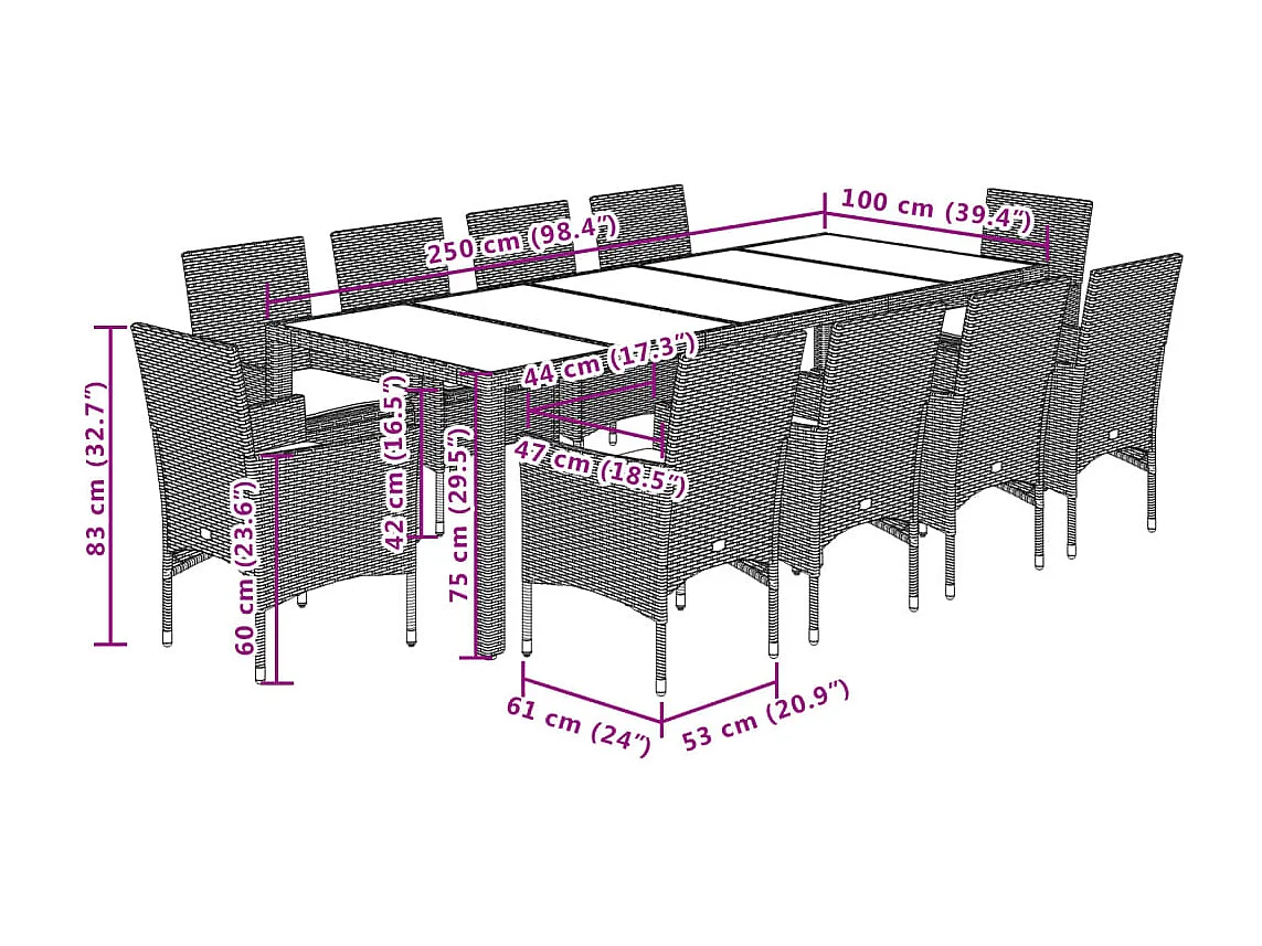 Set da Pranzo da Giardino 11 pz con Cuscini Polyrattan e Vetro