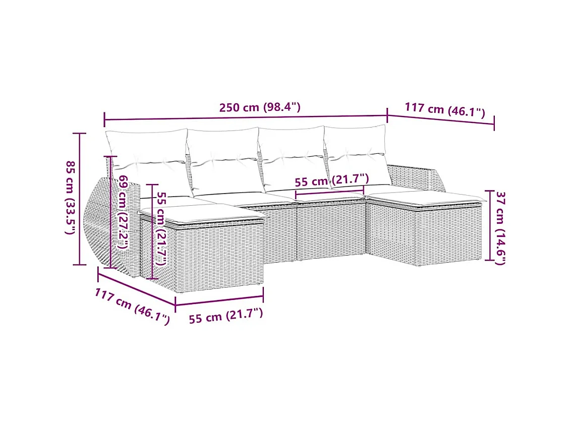 Salon de jardin 6 pcs avec coussins gris clair résine tressée