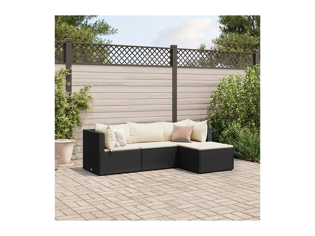 Salon de jardin 4 pcs avec coussins Noir Résine tressée