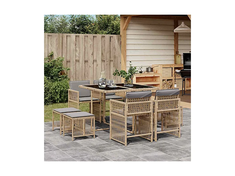 9-delige Tuinset met kussens poly rattan gemengd beige