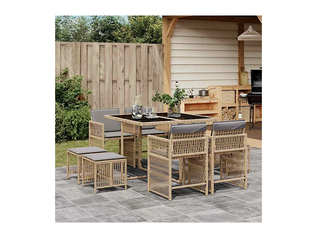9-tlg. Garten-Essgruppe mit Kissen Beigemischung Poly Rattan