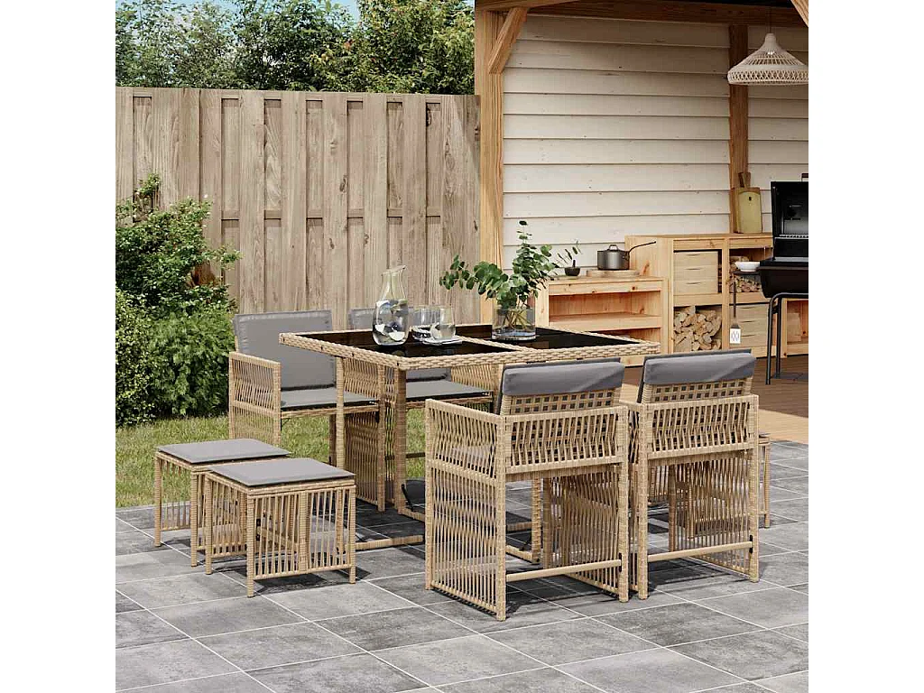 Ensemble à manger de jardin et coussins 9 pcs mélange beige