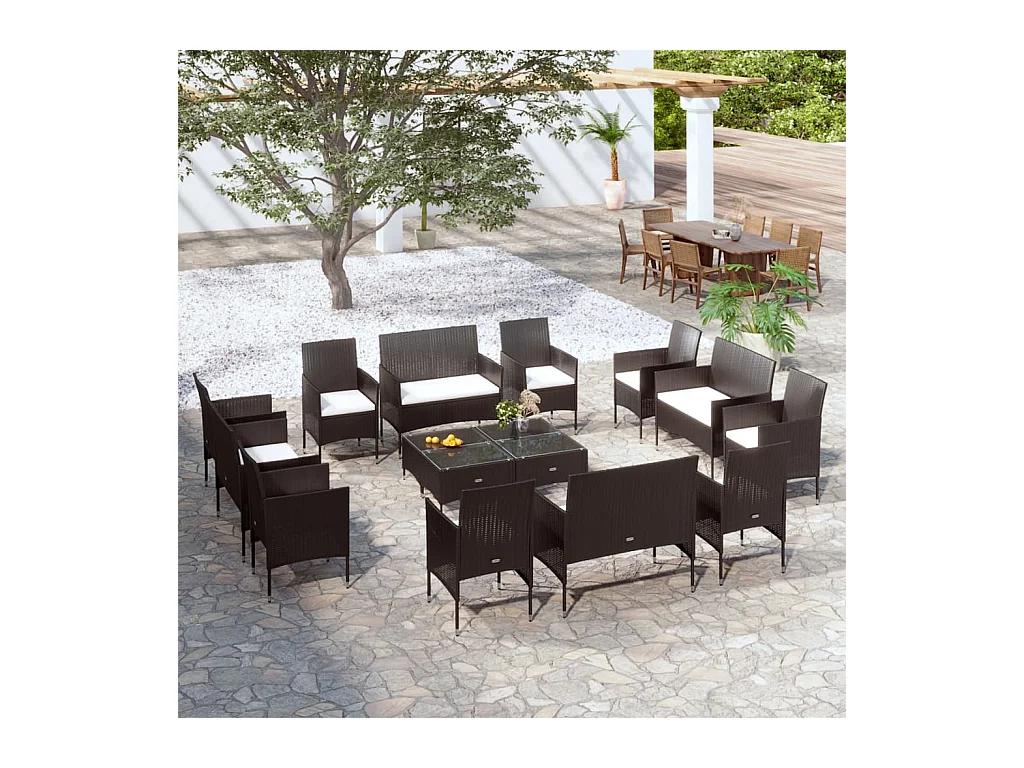 Salon de jardin 16 pcs avec coussins Résine tressée Noir