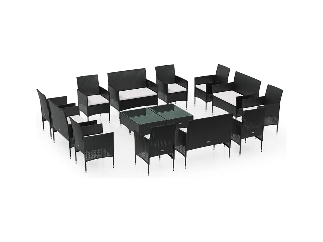 Salon de jardin 16 pcs avec coussins Résine tressée Noir