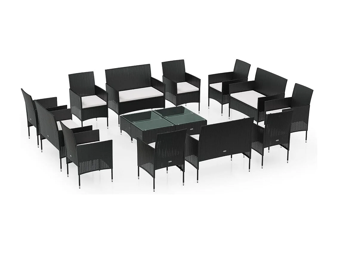 Salon de jardin 16 pcs avec coussins Résine tressée Noir