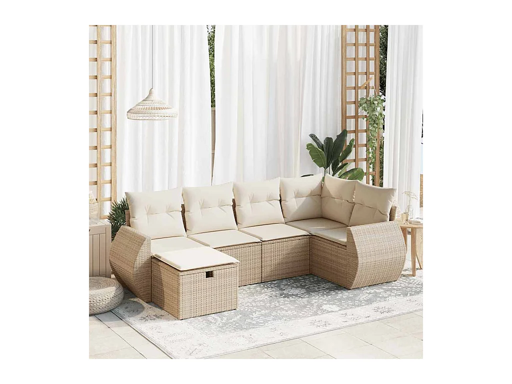 6-delige Loungeset met kussens poly rattan beige