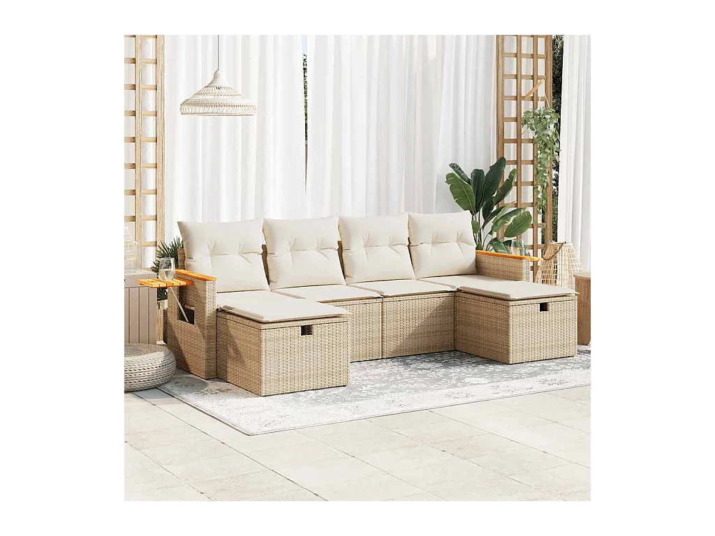 6-tlg. Garten-Sofagarnitur mit Kissen Beige Poly Rattan