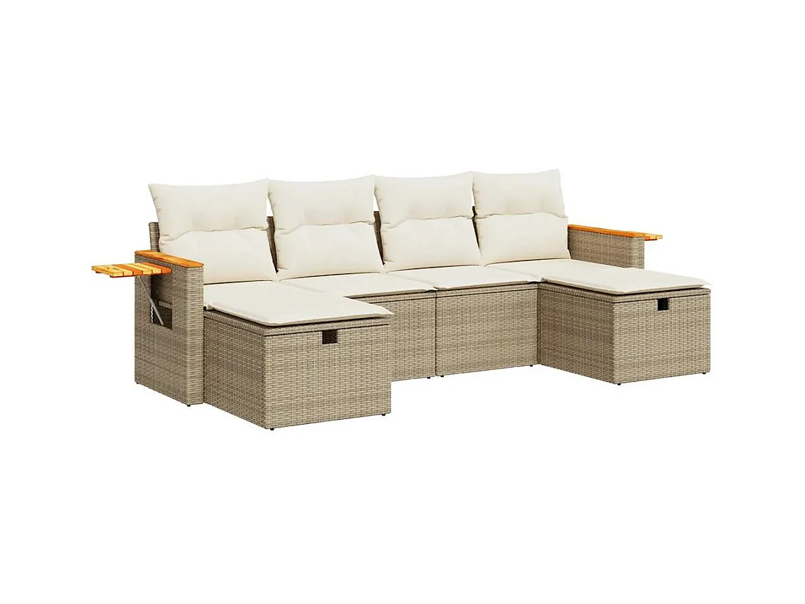 6-tlg. Garten-Sofagarnitur mit Kissen Beige Poly Rattan