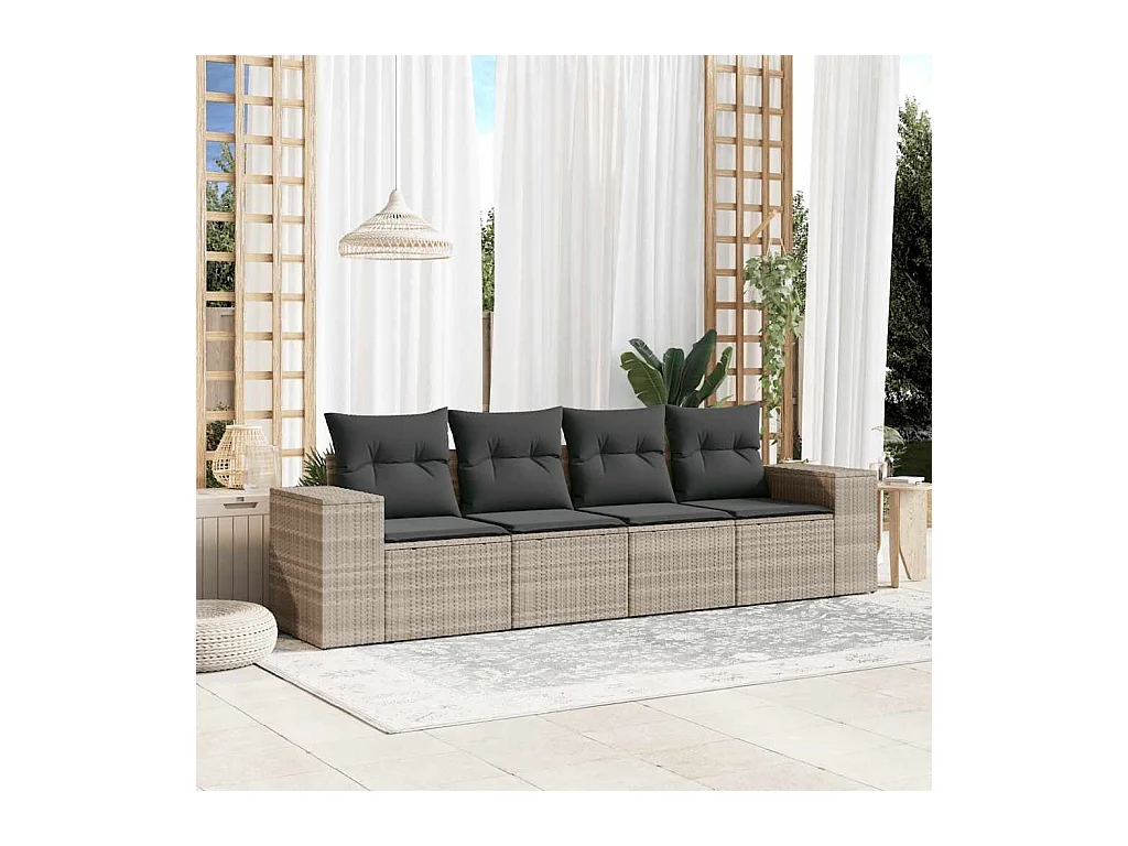 Salon de jardin 4 pcs avec coussins gris clair résine tressée